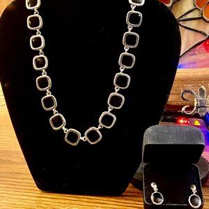 Vtg Flat/square Black Onyx type Reversible Necklace and Earrings Set, Unsigned